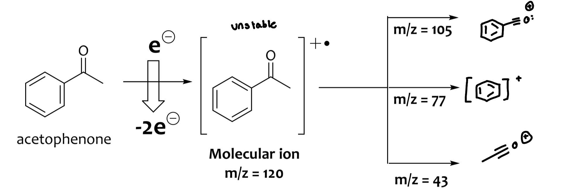 <ul><li><p>molecular ions are unstable, and fragment to provide daughter/fragment ions</p></li><li><p>properly trained chemists can tease out a wealth of information from these fragmentation patterns</p></li><li><p><strong>electrons in lone pairs &gt; electrons in π-bonds &gt; electrons in sigma bonds</strong></p></li></ul><p></p>
