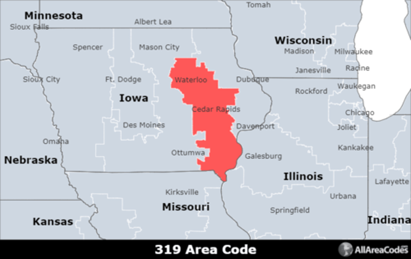 <p>Area code 319 is located in eastern Iowa and covers Cedar Rapids, Waterloo, and Iowa City. It is the only area code that serves the area.</p>