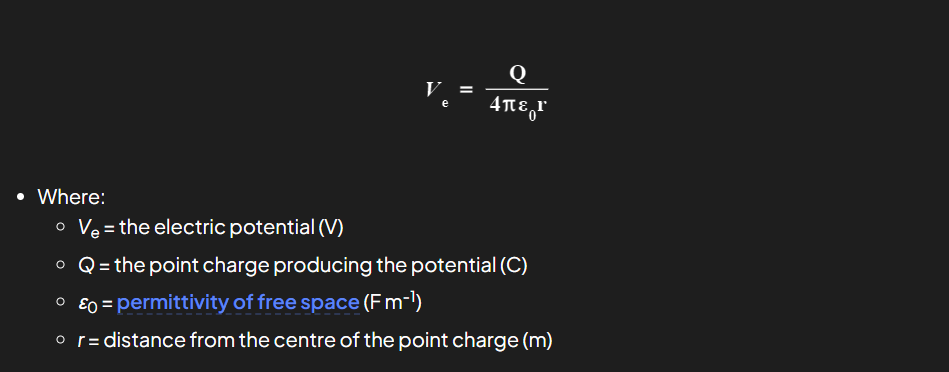 <p>The work done per unit positive charge in bringing a small test charge from infinity to a defined point</p><p>Positive when near an isolated positive charge</p><p>Negative when near isolated negative charges</p><p>Zero at infinity</p><p>Ve = kQ/r</p>