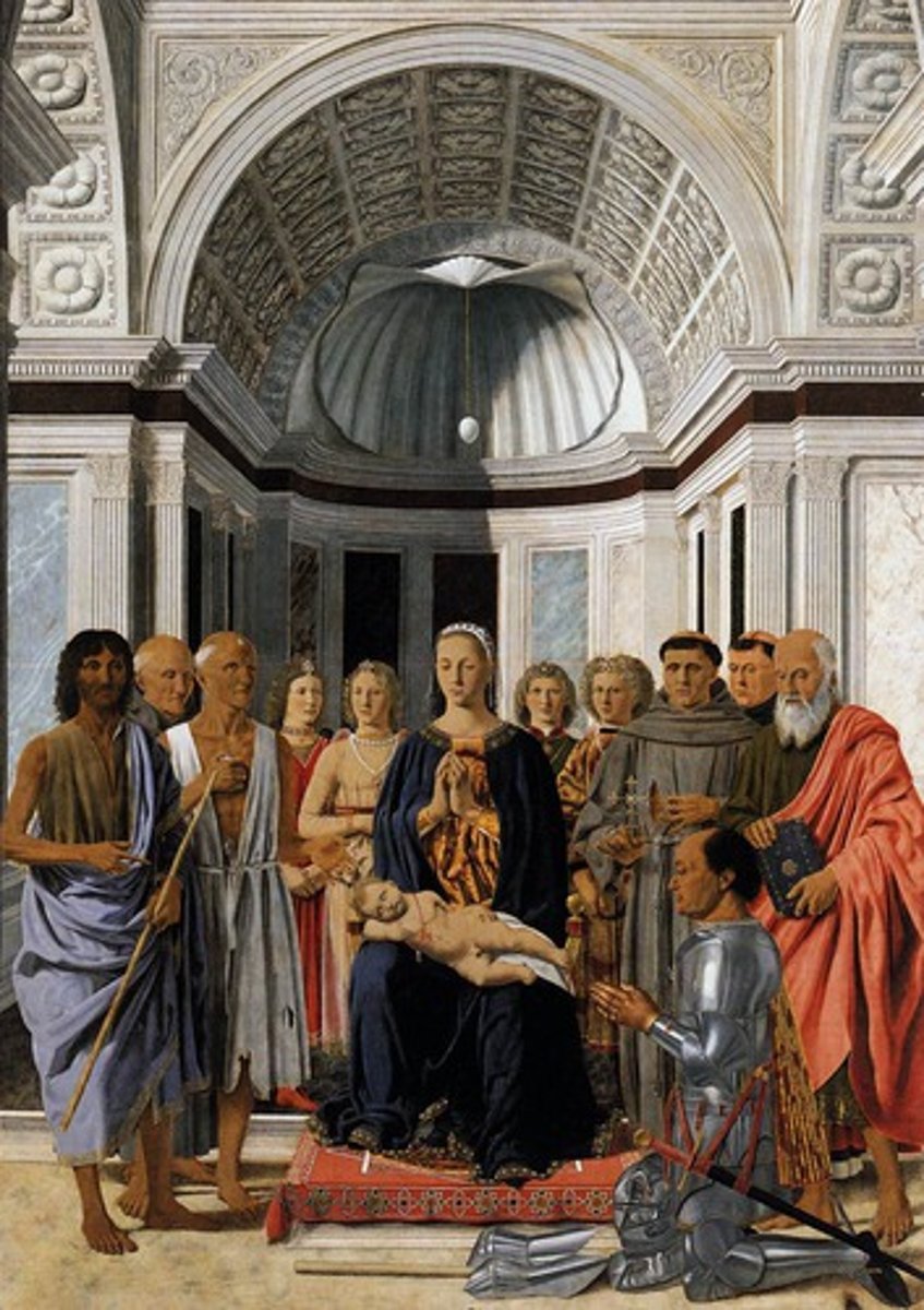 <p>1472-1474. Oil on panel. Pinacoteca di Brera, Milan, Italy</p><p>Subject: Features Penitential and Mendicant saints surrounding the Virgin and Child and Frederico Montelfeltro. </p>