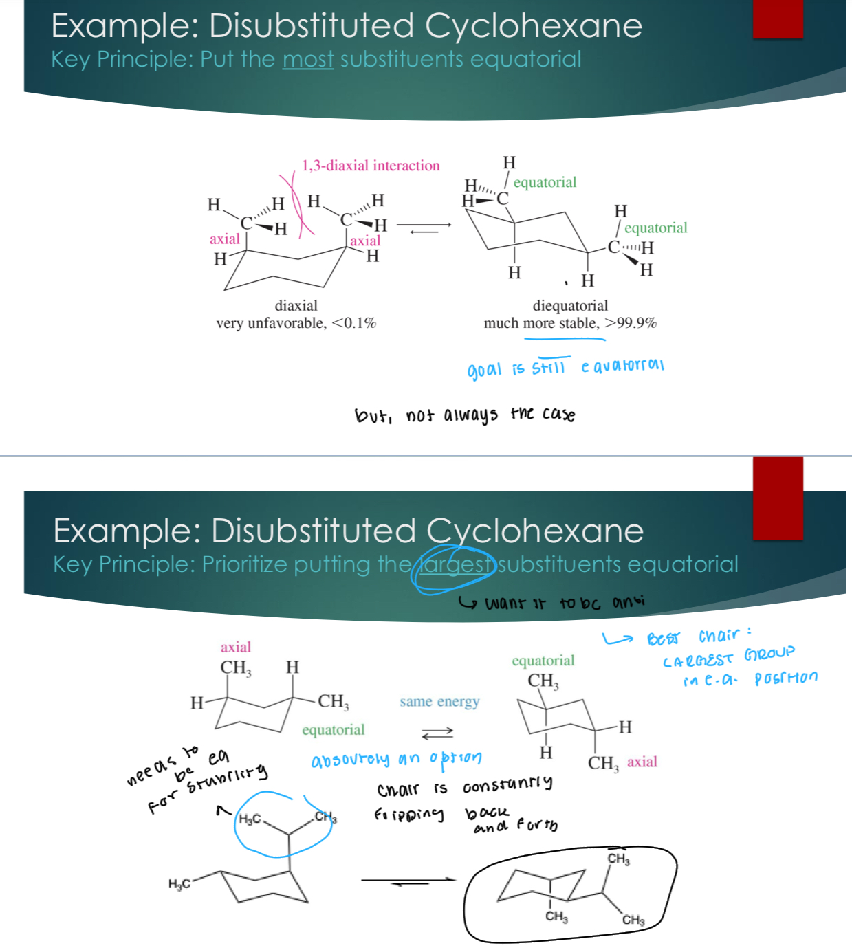 <p>Key Principle: Prioritize putting the larges substituents equatorial </p>