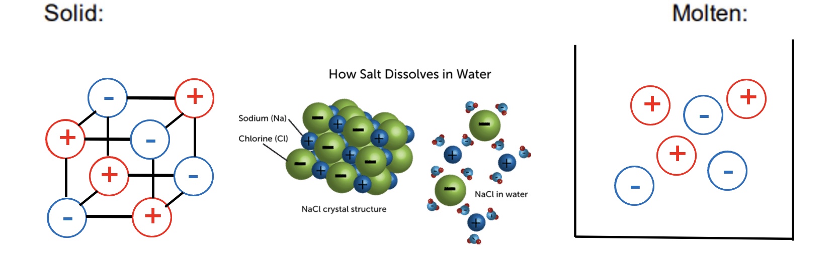 <ul><li><p>solid → ions are not free to move or flow so cannot carry a charge </p></li><li><p>when molten or dissolved in water → ions are free to move/flow so are able to carry a charge </p></li></ul>