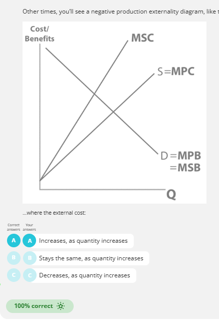 <p>FOR PRODUCTION NEGATIVE EXTERNALITIES MSC IS HIGHER THAN MPC. external costs came from production of a good. </p>