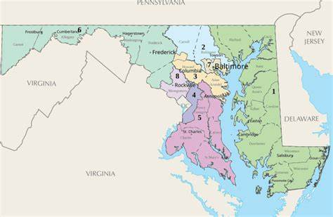<p><span style="font-family: &quot;Bellota Text&quot;, cursive">Each state is divided into congressional districts. The number of districts in a state equals the number of representatives that state has in the U.S. House of Representatives. Drawn by state legislatures, each district elects its representative to Congress. For example, in Maryland:</span></p><p></p>
