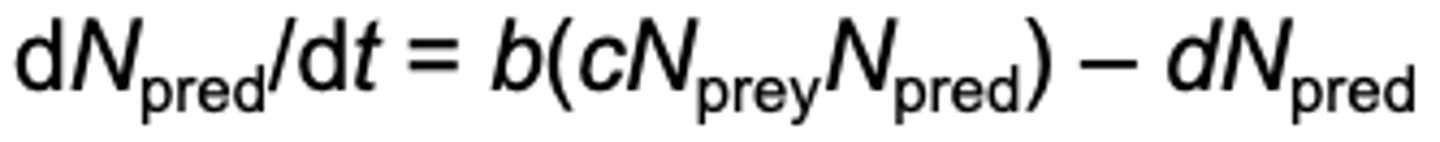 <p>dNpred/dt = b(cNpreyNpred) - dNpred</p><p>- Start with exponential model of population growth</p><p>• dN/dt = rN</p><p>- A birthrate term (b)</p><p>-A mortality rate</p>
