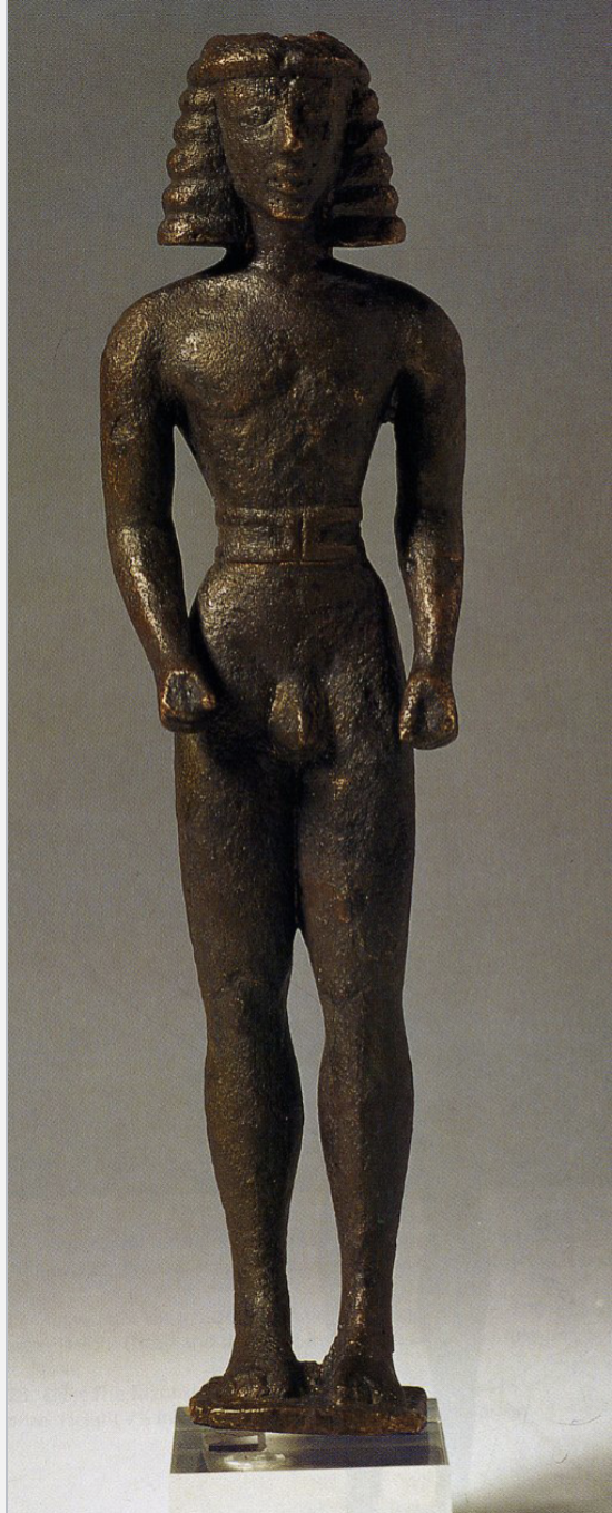 <p>an idealized young male figure from ancient Greece, often depicted in a standing position and serving as a grave marker or representation of athleticism and beauty. Example: Kouros of Delphi</p>