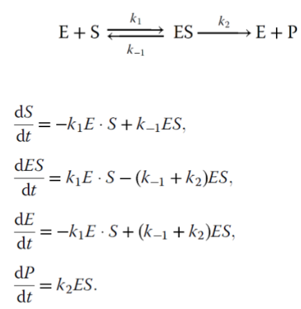 <p>This equation models…</p><ul><li><p>decay</p></li><li><p>production and decay</p></li><li><p>irreversible conversion</p></li><li><p>reversible conversion</p></li><li><p>enzymatic reaction</p></li><li><p>spatial reaction networks</p></li><li><p>stochastic system</p></li></ul><ul><li><p>predator-prey relationship (Lotka-Volterra)</p></li></ul><p></p>