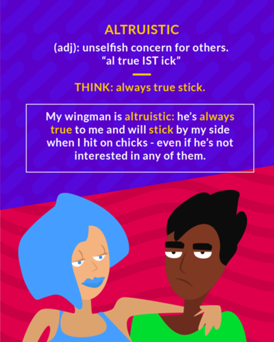 <p>(adj) unselfish, <span>selfless concern for the well-being of others</span></p><p>Syn.: selfless</p>