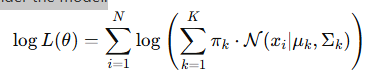 <p><strong>Log-likelihood</strong> measures how well the GMM fits the data. It is the logarithm of the likelihood of observing the data under the model (image) Where:</p><ul><li><p>πk: Mixing coefficient for cluster k.</p></li><li><p>N(xi ∣ μk,Σk): Gaussian probability density for xi​ under cluster k.</p></li></ul><p><strong>Intuition:</strong></p><ul><li><p>Higher log-likelihood values indicate that the GMM parameters (μk,Σk,πk​) explain the data well.</p></li><li><p>If the log-likelihood keeps increasing significantly as KKK increases, it may indicate overfitting.</p></li></ul><p><strong>When to Use</strong></p><ul><li><p>Exclusively for <strong>GMMs</strong>, as it leverages the probabilistic framework.</p></li><li><p>Use in conjunction with <strong>BIC</strong> or <strong>AIC</strong> to balance fit and complexity:</p><ul><li><p><strong>BIC</strong>: Penalizes model complexity with log⁡(N) favoring simpler models.</p></li><li><p><strong>AIC</strong>: Less strict penalty (+2p), allowing slightly more complex models.</p></li></ul></li></ul><p><strong>Strengths</strong></p><ul><li><p>Directly measures model fit.</p></li><li><p>Useful for comparing GMMs with different numbers of components.</p></li></ul><p><strong>Limitations</strong></p><ul><li><p>Cannot compare across different algorithms (specific to GMMs).</p></li><li><p>Requires careful initialization to avoid local optima.</p></li></ul><p><strong>How to use:</strong></p><ul><li><p>For GMMs, track the log-likelihood as KKK increases, but combine it with <strong>BIC</strong> or <strong>AIC</strong> to avoid overfitting.</p></li><li><p>Plot log-likelihood alongside BIC/AIC to determine the optimal number of components.</p></li><li><p>A steady increase in log-likelihood with small increments as k grows may indicate diminishing returns.</p></li><li><p>The optimal k minimizes BIC/AIC while still providing a good log-likelihood.</p></li></ul><p></p>