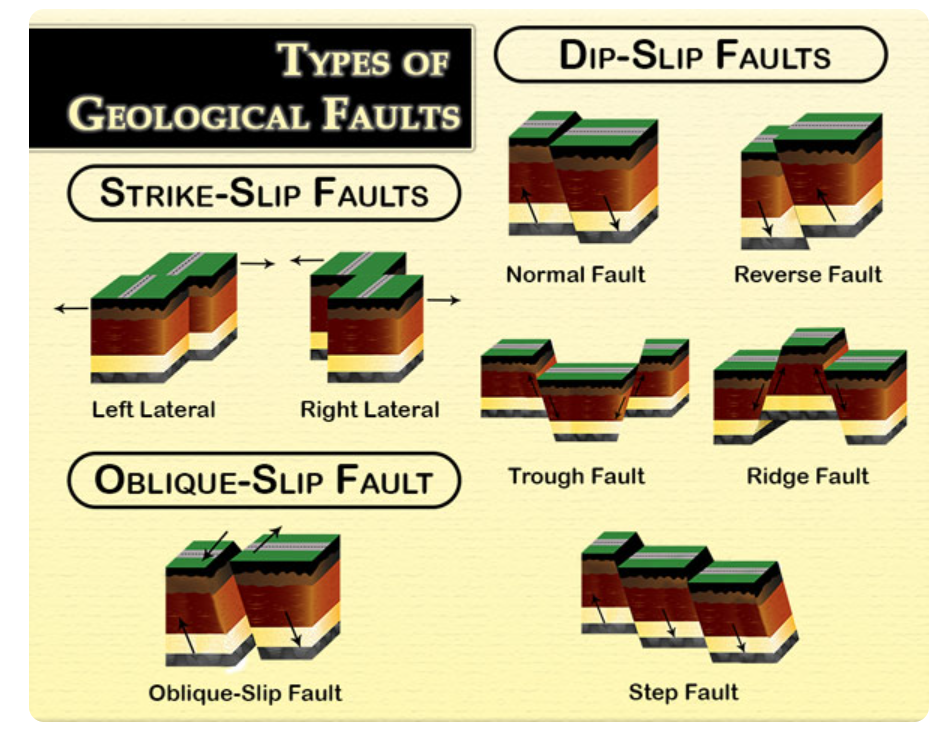<p><strong>Normal Fault:</strong><br><span><span>Caused by tension (pulling apart). The hanging wall moves </span></span><strong><span>down</span></strong><span><span> relative to the footwall.</span></span><br><strong>Strike-slip</strong>:<br>fault accommodate horizontal slip between adjacent blocks. (Left lateral or right lateral)<br><strong>Reverse Fault:</strong><br><span><span>Caused by compression (squeezing). The hanging wall moves </span></span><strong><span>up</span></strong><span><span> relative to the footwall.</span></span><br><strong>Oblique-slip fault:</strong><br><span><span>combination of strike-slip and dip-slip (normal or reverse) motion.</span></span></p>