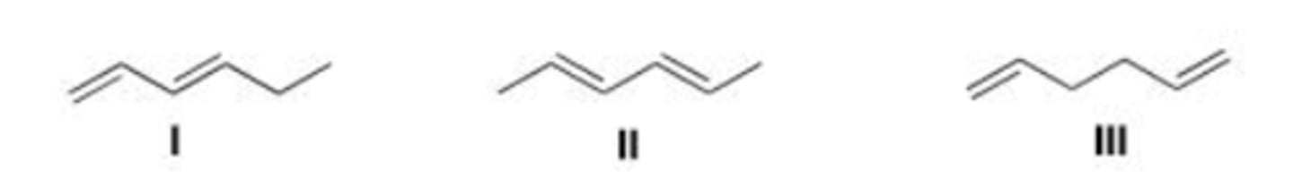<p>Rank the following dienes in order of decreasing heat of hydrogenation, putting the diene with the highest heat of hydrogenation first.</p>