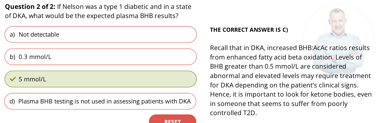 <ul><li><p>BHB levels > 0.5 mmol/L are abnormal</p></li><li><p>Elevated BHB may require DKA treatment</p></li><li><p>Increased BHB:AcAc ratios in DKA due to enhanced FA beta oxidation</p></li><li><p>Important to monitor ketone bodies, even if someone seems to suffer from pooly managed T2D</p></li></ul>