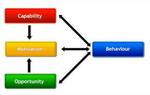 <ul><li><p><strong><span>Capability</span></strong><span>: physical and psychological skills</span></p></li><li><p><strong><span>Opportunity</span></strong><span>: physical and social environment</span></p></li><li><p><strong><span>Motivation</span></strong><span>: reflective (planning, intentions) and automatic (habits, emotions)</span></p></li><li><p><span>All three interact to influence behaviour.</span></p></li></ul><p></p>