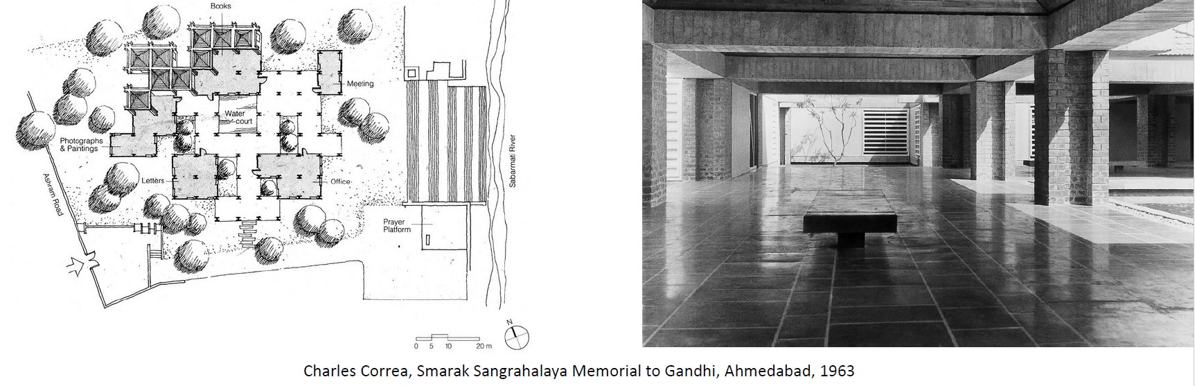by Charles Correa (indian architect trained at MIT)
landscape architecture project based on a checkerboard grid – modules defined with thick brick concrete piers linked by reinforced concrete beams – inspiration from ancient Hindu geometry and mandala grids