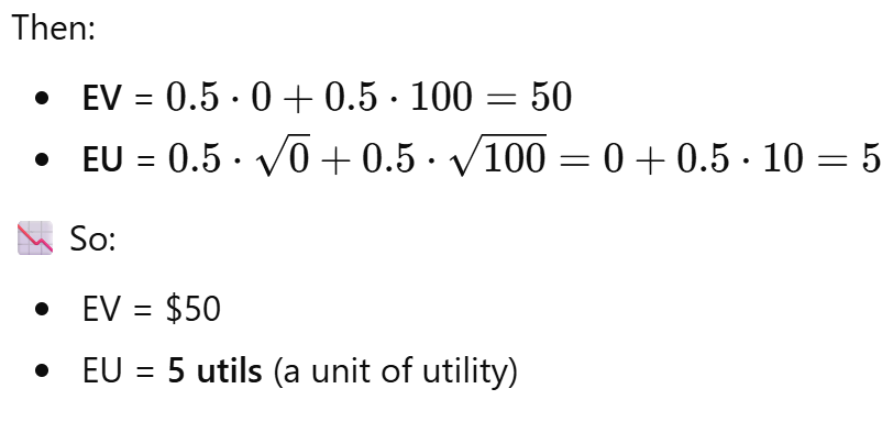 <ul><li><p>EV - you focus on money, you find the average monetary outcome of a riskt choice</p></li><li><p>EU - focus on utility from outcome y, you find the <span style="font-family: Aptos, sans-serif; line-height: 105%;"><span>the average satisfaction (utility) from a risky choice, based on how much you value each outcome.</span></span></p></li></ul><p></p>