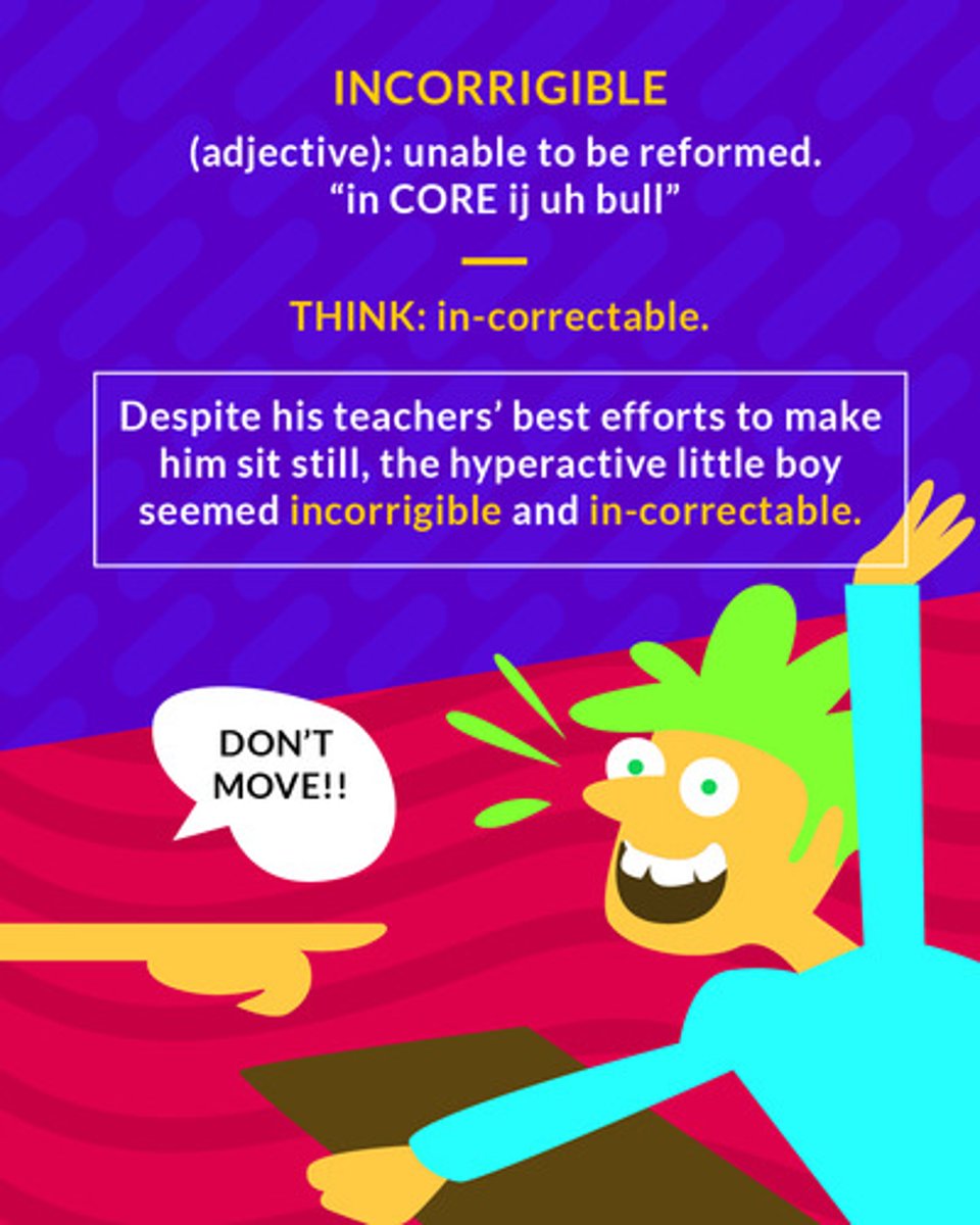 <p>incapable of being reformed or improved</p><p>(adj.) unable to be reformed</p>