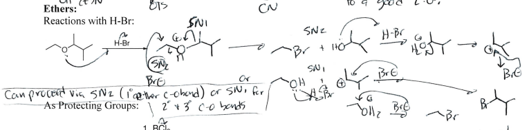 <p>Ether cleavage —> Br Addition on larger side + small side alcohol</p>