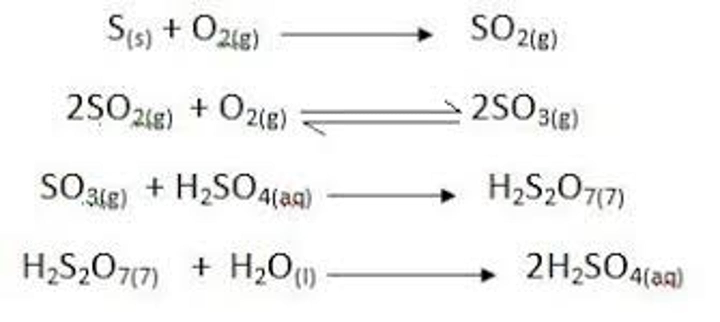 <p>Extracts sulfur, can convert sulfur dioxide to sulfur trioxide, and converts sulfur trioxide into concentrated sulfuric acid</p><p>Uses of sulfuric acid: manufacture explosives, acids, dyes, glue, car batteries</p><p>Vanadium(V) oxide catalyst</p>