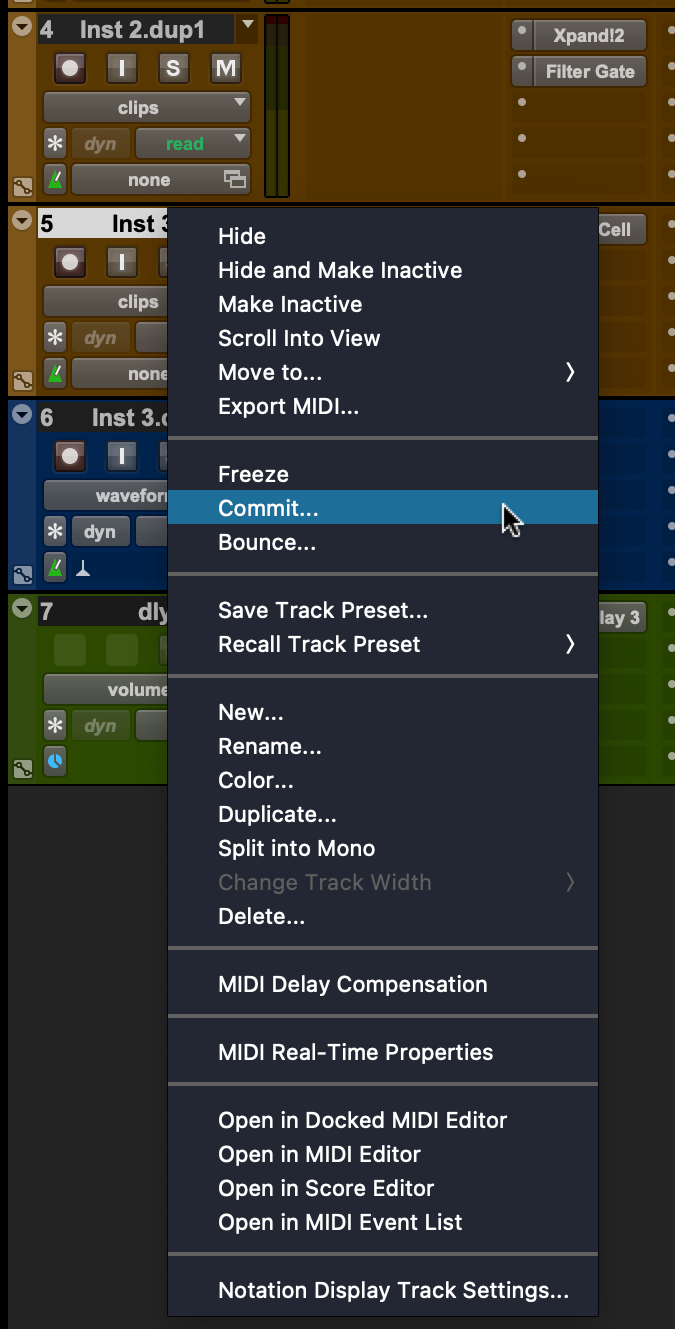 <p>Right-click on the track name and select Commit.</p>