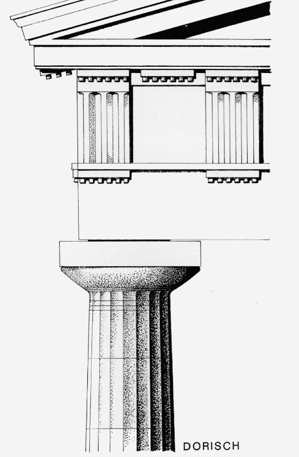 <p>Säulen mit kanneliertem Schaft, Enthasis, keine Basis, einfaches Wulstkapitell; Metopen und Triglyphen</p><p></p>