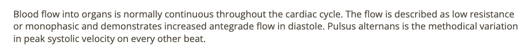 <p>a) low resistance w/increased diastolic flow </p>