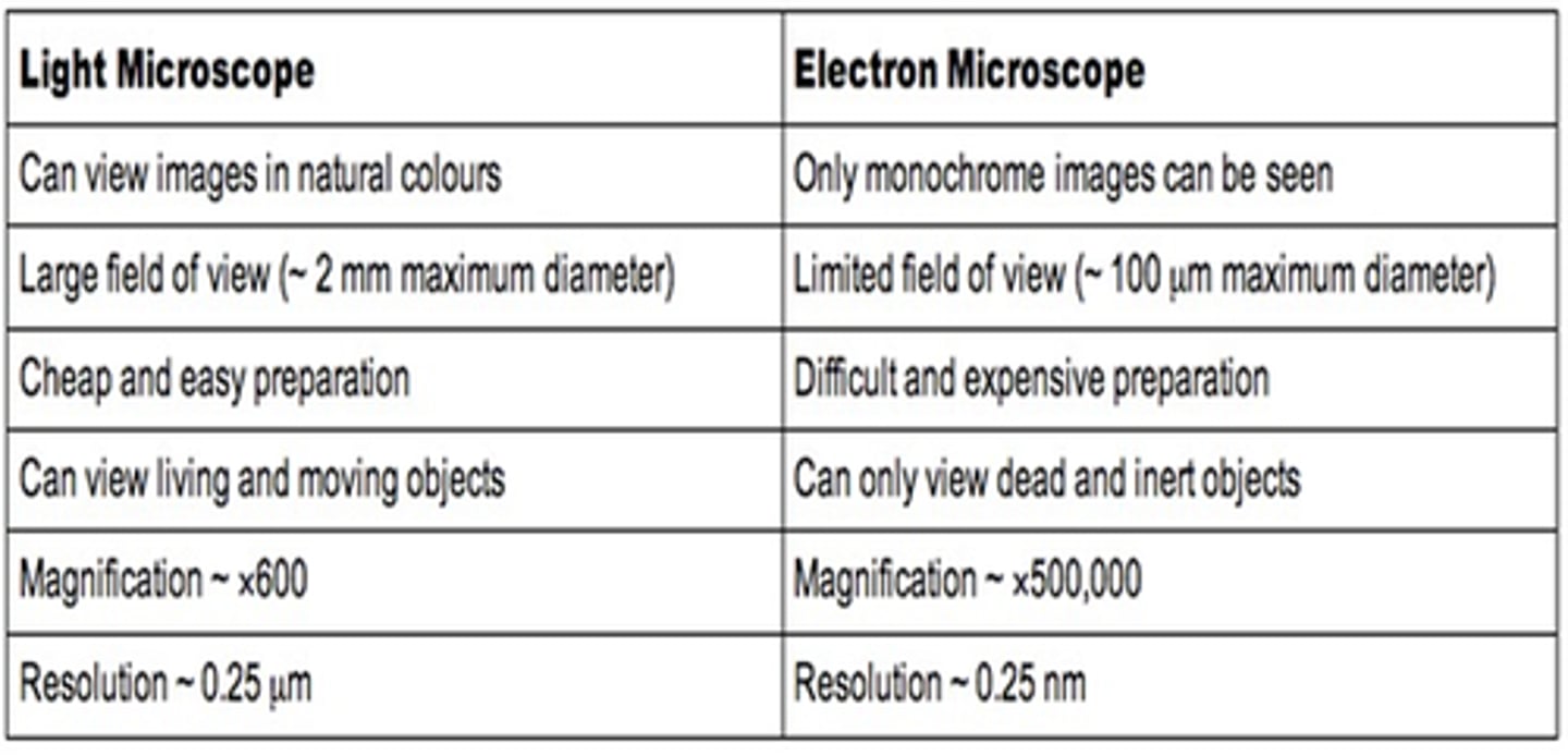 <p>-Cheap to purchase and operate</p><p>-Small and portable</p><p>-Simple and easy sample preparation</p><p>-Vacuum not required</p><p>-Natural colour of sample is maintained</p><p>-Magnifies only up to 2000 times</p><p>-Specimens can be living or dead</p><p>-Stains are often needed to make the cells visible</p>