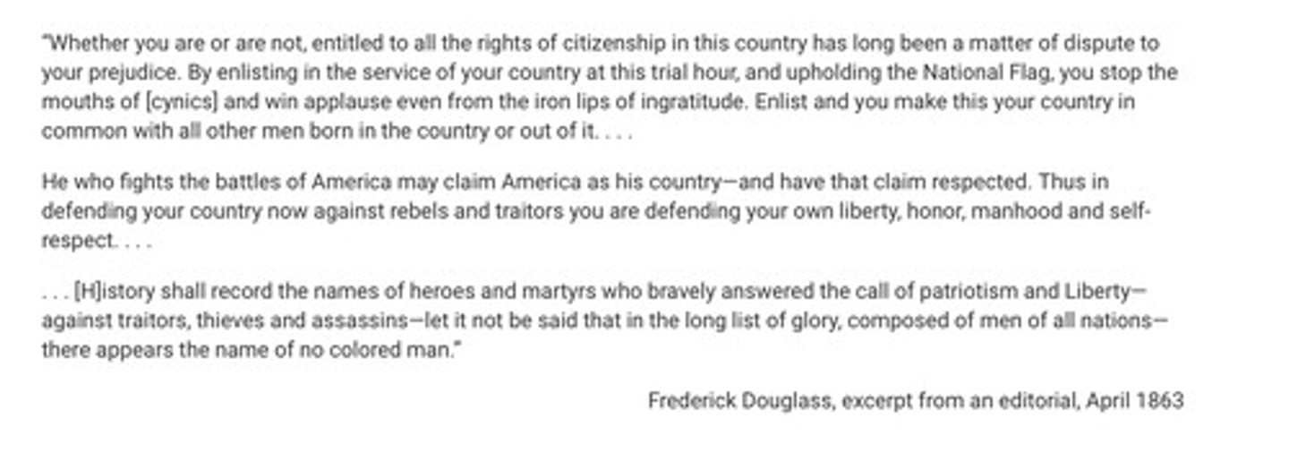 <p>Douglass' rhetoric in the excerpt was most likely interpreted as promoting which of the following?</p><p>A. The need for more soldiers in the Union Army</p><p>B. His advocacy for African American equal rights</p><p>C. His support for Abraham Lincoln's reelection in 1864</p><p>D. Criticism of the limits of the Emancipation Proclamation</p>