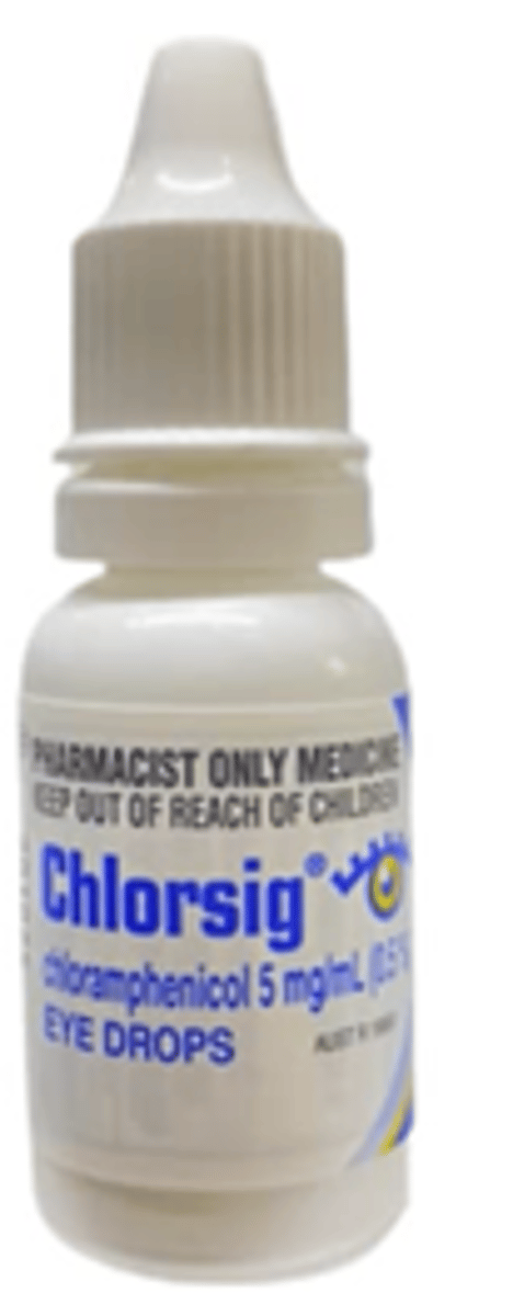 <p>antibiotic; blocks protein synthesis</p><p>1. oral (systemic): tablets, suspensions;</p><p>typhoid fever, meningitis, pneumonia</p><p>2. topical= eye drops or eye ointment-</p><p>bacterial conjunctivitis</p><p>*not really used on skin bc of systemic absorption risk</p>