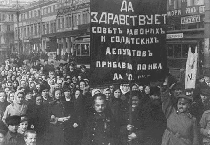 <p>Starts with riots for food, strikes, and protests against the war. The Soviets <em>(local councils)</em> form, and Czar Nicholas steps down from the throne, and Lenin returns to Russia to lead the Bolsheviks. </p>