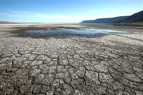 dry, flat, exposed lake bed crust of clay and various salts accumulate on the surface
