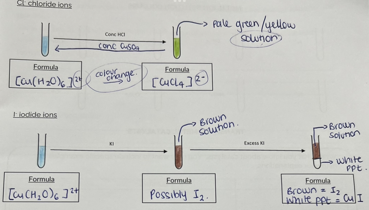 <p>Pale green —> Pale blue</p><p>Add H20 not CuSo4</p>