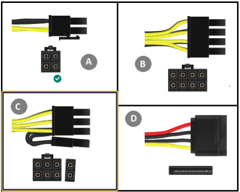 <p>You have just installed a new video card in your desktop computer for gaming purposes.</p><p>Which of the following power supply connectors is designed to provide additional dedicated power to your new video card? (Select the correct connector.)</p>