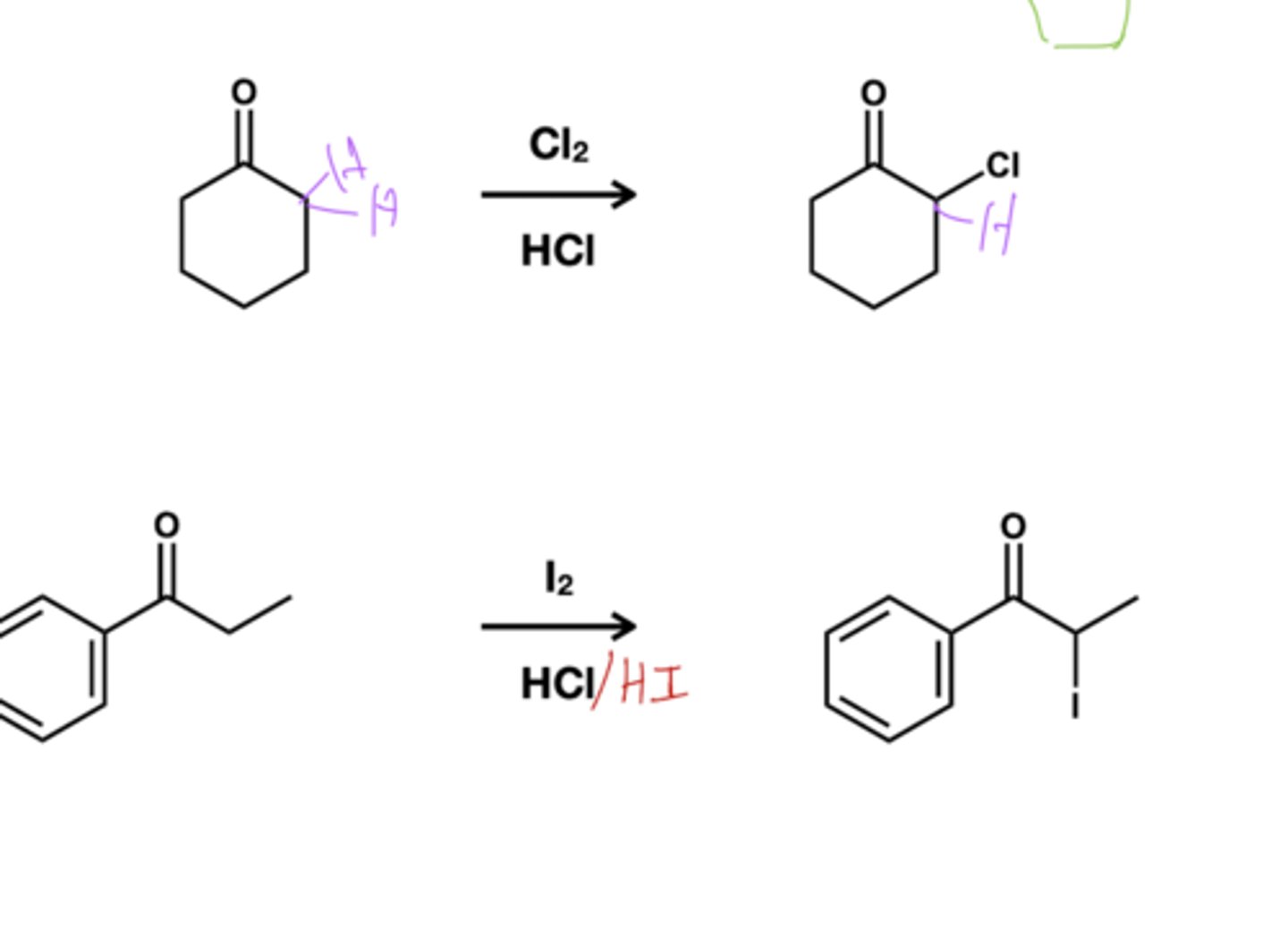 <p>Br2/HCl; replaced just one alpha proton</p>