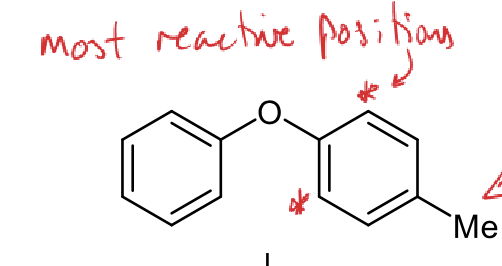 <p>ring on right more reactive - extra EDG, Me weakly activating</p><p>most reactive positions are ortho positions on the right ring</p>