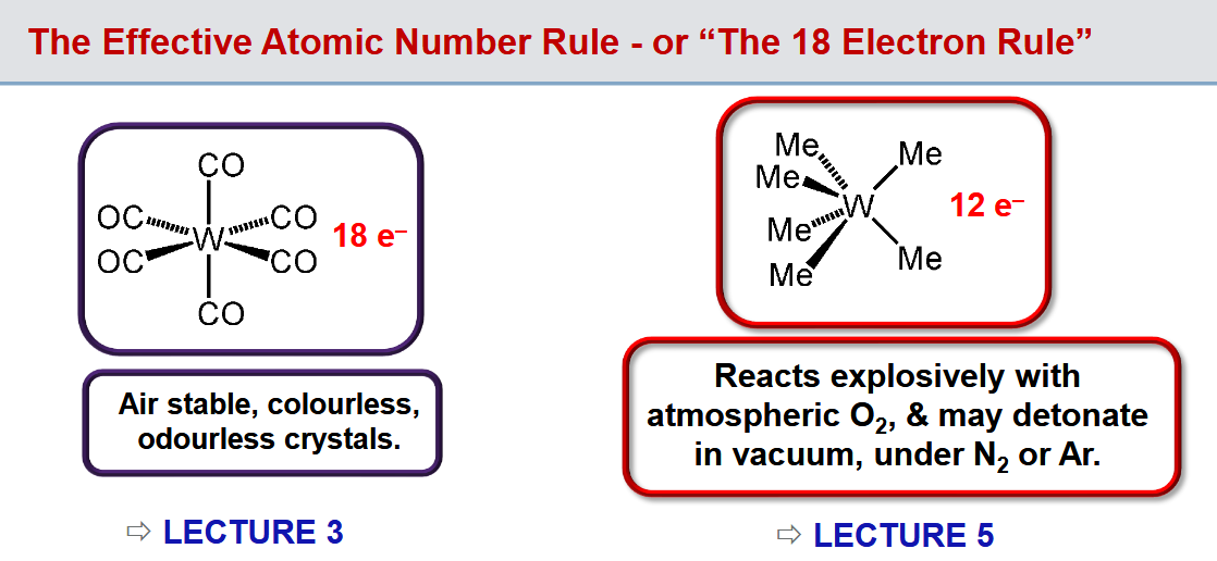 <p>Stable organometallic compounds of transition metals tend to have a total of 18 electrons around the metal.</p><p>Other electron counts can exist though</p>