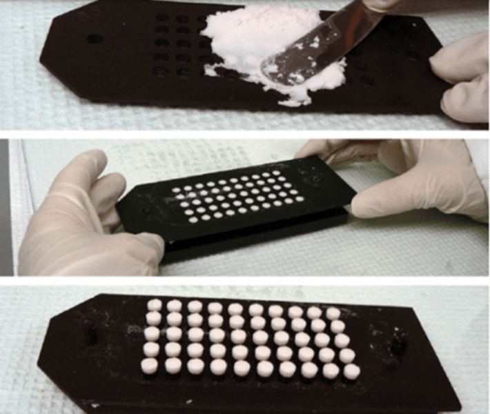 <p>used to mold compounds into single tablets</p>
