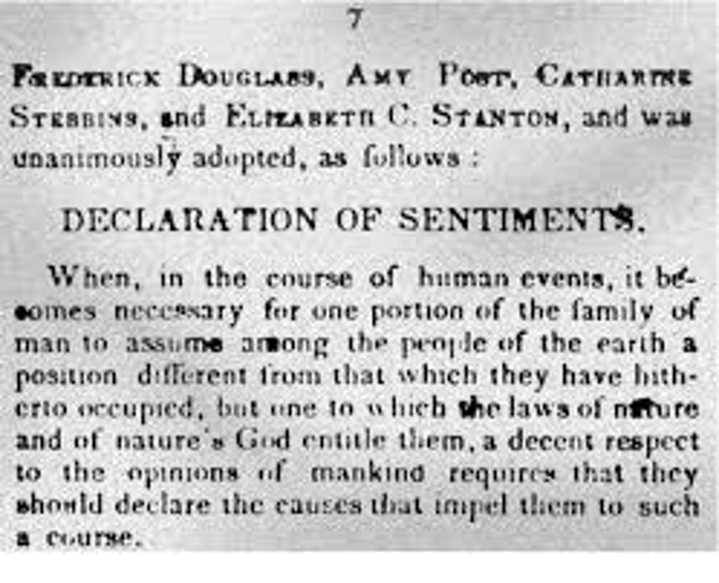<p>The first women's rights convention that advertised itself as a convention to discuss the social, civil, and religious condition and rights of women. It was seen as a continuing effort by women to gain for themselves a greater proportion of social, civil, and moral rights. (date)</p>