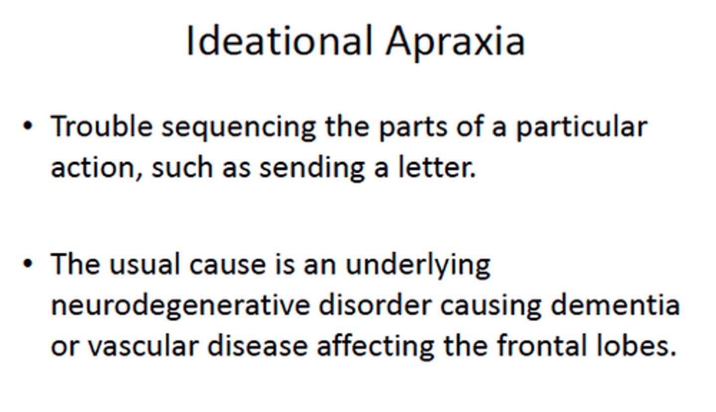 <p>an impairment in the ability to carry out a sequence of actions because they do not recognize what to do with the object on command</p><p>Absolutely don't have the ability to do the task on command or on their own</p>