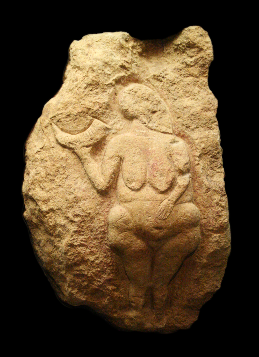 <p>era: c 23,000 BCE, found: laussel, france, size: 18”, medium: limestone and red ochre, style: bas relief, may be talisman for fertility</p><p></p>