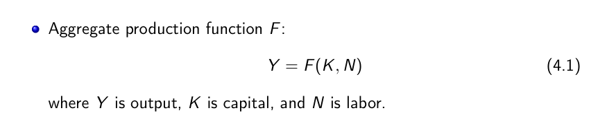 <p>Relation bw aggregate output and the inputs in production.</p><p>Y - aggregate output, </p><p>K - capital, the sum of all machines, plants and buildings in the economy (aggregate capital stock), </p><p>N - labor, the number of workers in the economy (aggregate employment)</p><p>The function F depends on the state of technology and shows how much output is produced for given quantities of capital and labor.</p><p>Constant returns to scale: xY =F(xK,xN)</p><p>Decreasing returns to capital: Increases in capital lead to smaller and smaller increases in output.</p><p>Decreasing returns to labor: Increases in labor lead to smaller and smaller increases in output.</p>