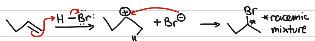 <p>addition of H and X</p><p>occurs when: strong acid (H–X); alkene or alkyne</p><p>stereochemistry: none</p><p>regiochemistry: Markovnikov</p>