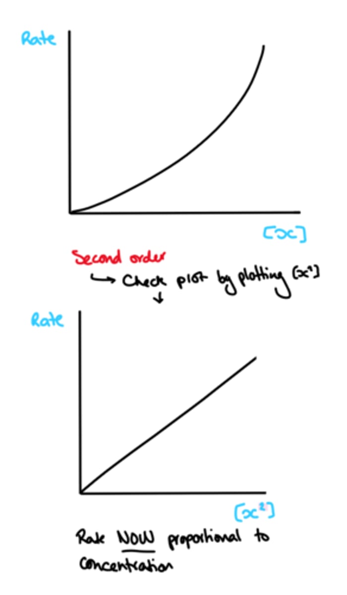 <p>Rate= k[A]^2</p><p>K determined by plotting second graph of rate against conc^2</p>