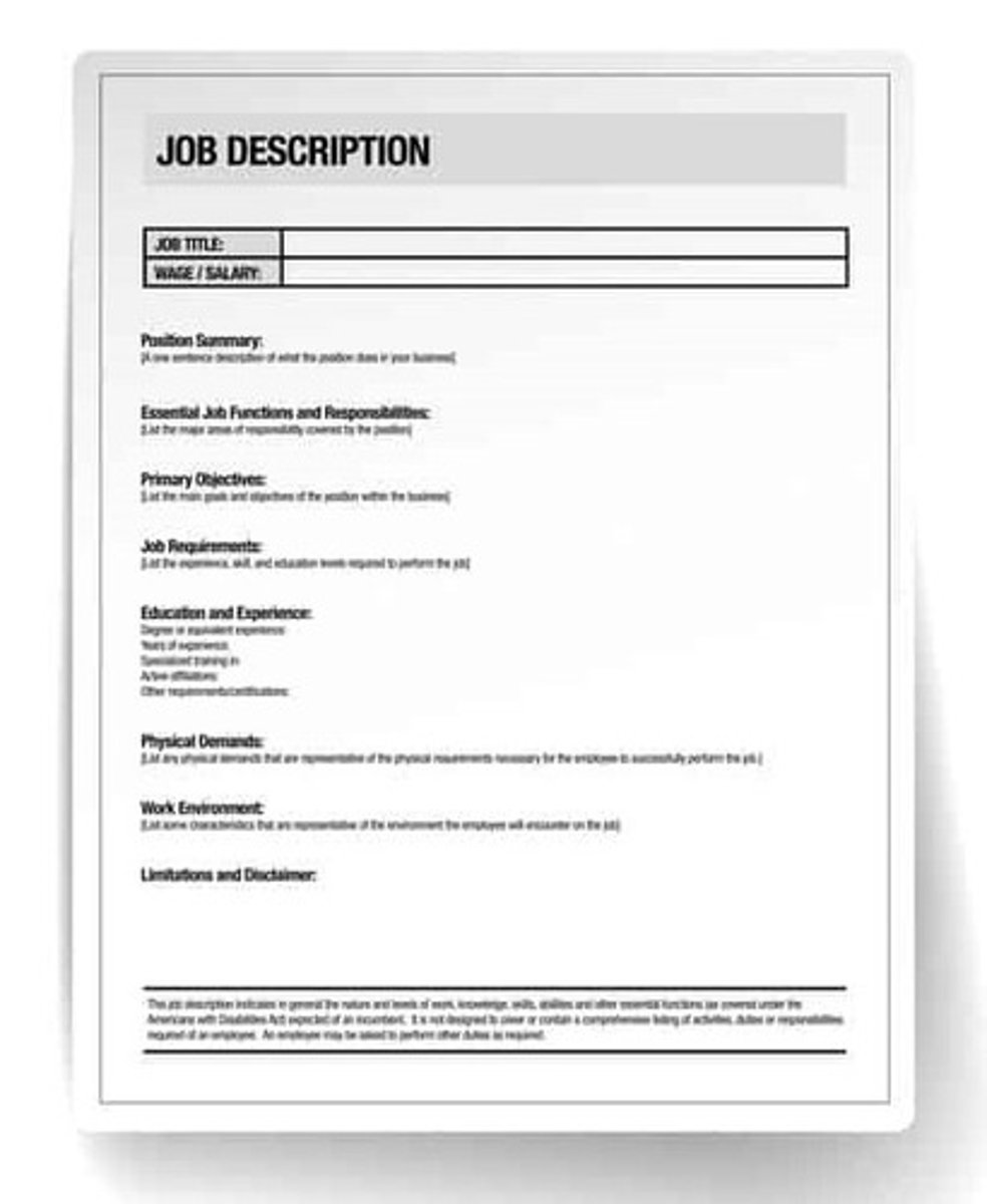 <p>a human resources tool that identifies the major tasks performed by individuals in specific positions</p>