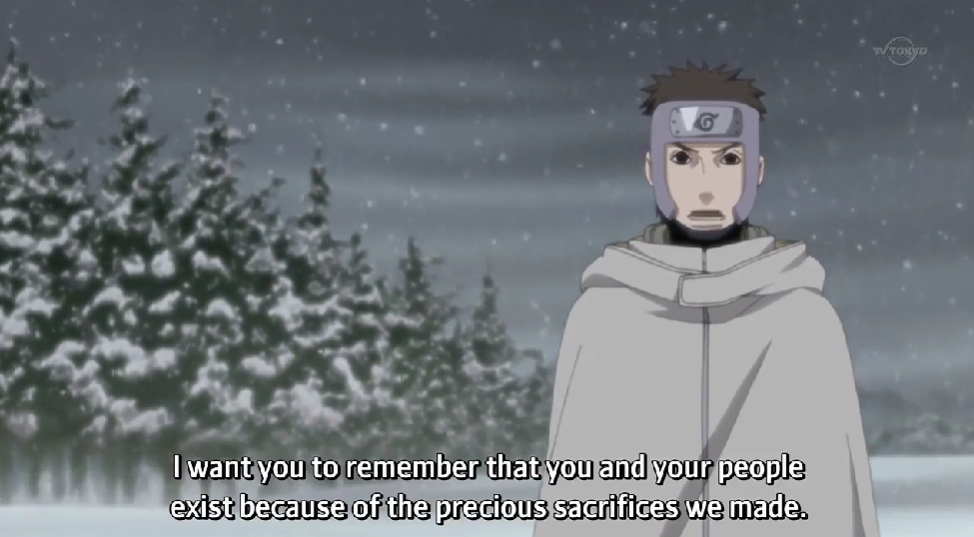 <p>revered, valuable, precious, noble</p><p><u>ex</u>: 尊重 Sonchô: respect, esteem, regard</p><p>ill: le Raikage à Naruto qui le supplie de ne pas tuer Sasuke: “Shinobi ga kantan ni atama o sageru na! Shinobi ga sonchō suru mono wa kōdō to chikara da.“ <=> 忍が簡単に頭を下げるな！忍が尊重するものは行動と力だ。: Shinobi do not bow their heads so easily! What shinobi are respected for is action and power.</p><p><u>ex</u>: 尊い Tôtoi: precious, valuable, priceless, noble, exalted, sacred</p><p>ill: Yamato qui dit au Raikage que Konoha a décidé de faire abstraction quand Kumo a tenté de s’emparer du Byakugan: "Tōtoi gisei no ue ni, anata-gata wa sonzai shite iru koto o wasurenaide <em>moraitai</em>." (<em>Tai form</em>) <=> 尊い犠牲の上に、あなた方は存在していることを忘れないでもらいたい。: I want you to remember that you are standing here upon the precious sacrificies [that we made].</p>