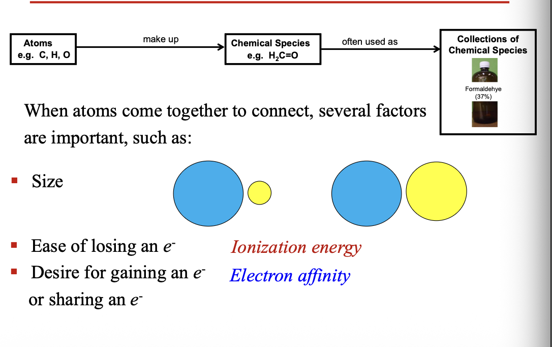 <p>When atoms come together to connect, several factors are important </p><ul><li><p>Size </p></li><li><p>Ease for losing an electron = Ionization energy </p></li><li><p>Desire for gaining an electron or sharing an electron = Electron affinity  </p></li></ul><p></p>