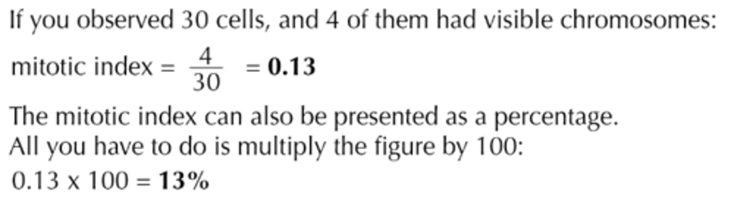<p>- The mitotic index is the proportion of cells in a tissue sample, that are undergoing mitosis.</p><p>- It lets you work out how quickly a tissue is growing, and if there's anything abnormal going on.</p><p>- <span class="bgY">Mitotic Index = Number of cells with visible chromosomes ÷ Total number of cells observed</span></p><p>- A plant root tip is constantly growing, so you'd expect a high mitotic index (i.e. lots of cells in mitosis); in other tissue samples, a high mitotic index could mean that tissue repair is taking place or that there is cancerous growth in the tissue.</p>