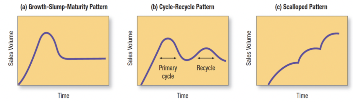 <ul><li><p>a company’s positioning and differentiation strat must change as its product, market, and competitors change over the PLC</p></li><li><p>growth-slump-maturity pattern: standard PLC with growth, slowdown, and maturity stages</p></li><li><p>cycle-recycle pattern: product renewed or updated to start a new growth cycle</p></li><li><p>scalloped pattern: successive sales waves from adding new product features or targeting new segments</p></li></ul><p></p>