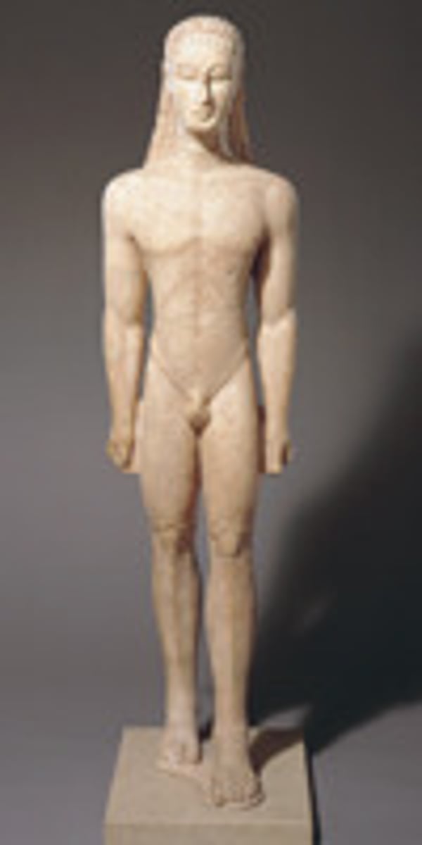 <p>Height: 1.95m, so about life size<br>Date: c.590 BC<br>Material: Naxian marble<br>Location: Probably Attica but currently found in the Metropolitan Museum in New York</p>