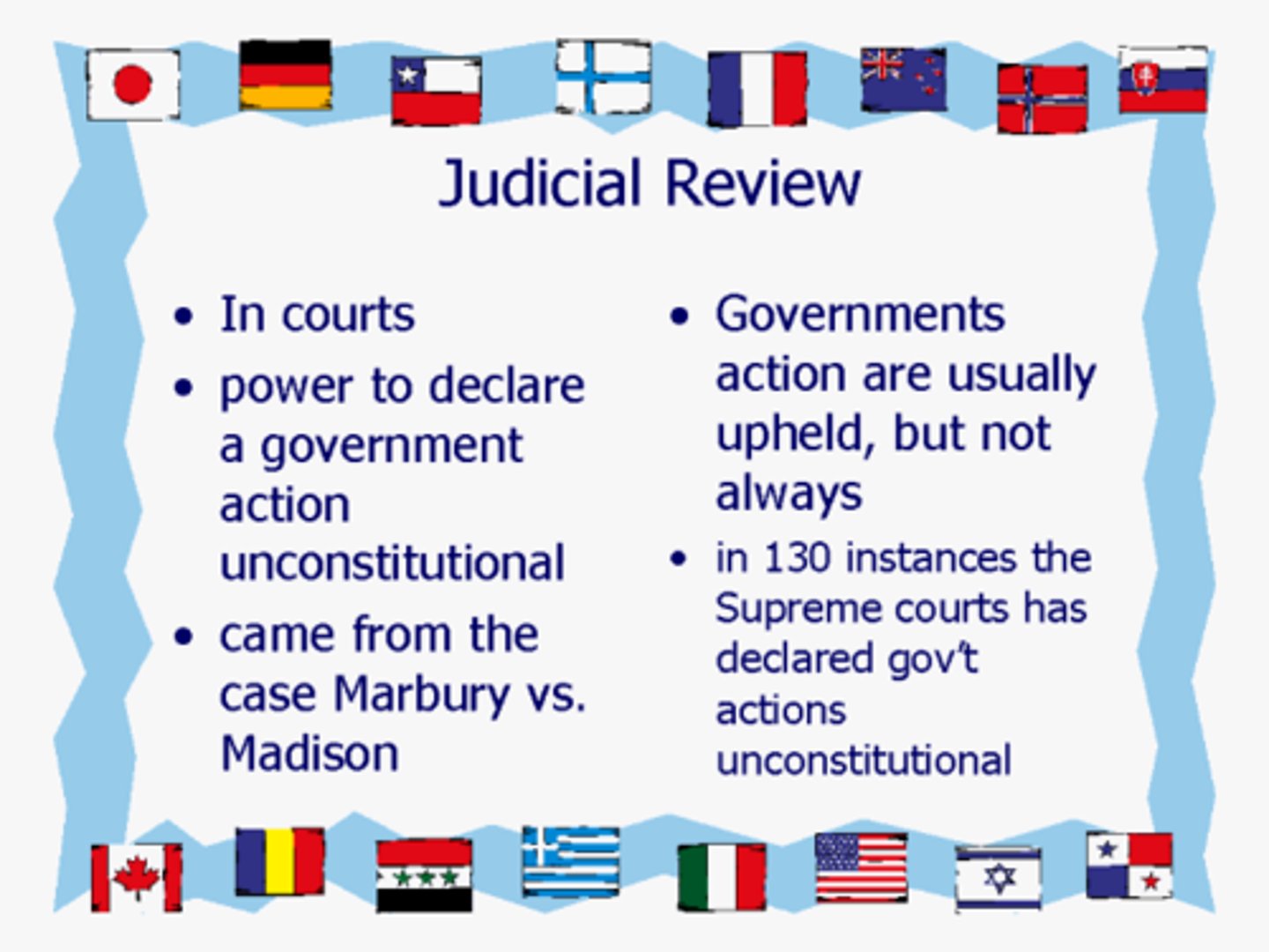 <p>(1803) Marbury was a midnight appointee of the Adams administration and sued Madison for commission. Chief Justice Marshall said the law that gave the courts the power to rule over this issue was unconstitutional. established judicial review</p>