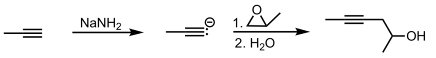 <p>What’s added: 2-hydroxylpropane (from epoxide) </p><p>Intermediate: Acetylide Ion </p><p>Rearrangement: Not possible</p>